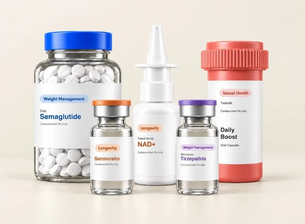 LongevityX MD compounded product family: oral semaglutide, sermorelin, NAD+ nasal spray, microdose tirzepatide, and Daily Boost oral capsules