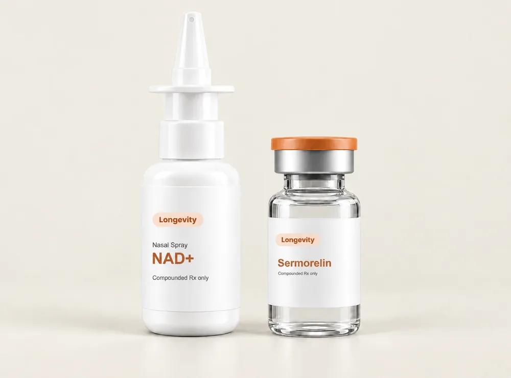 LongevityX MD compounded sermorelin vial and NAD+ nasal spray