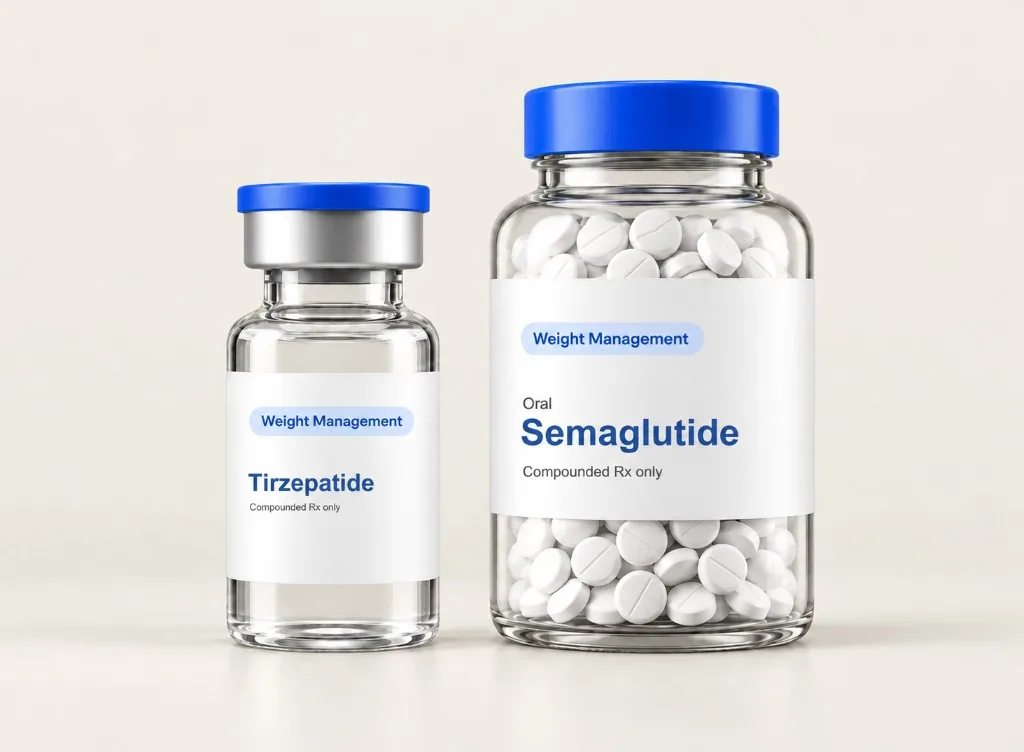 LongevityX MD compounded tirzepatide vial and oral semaglutide bottle